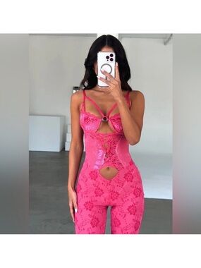 Outcast Avalon Lace Jumpsuit in Vibrant Pink